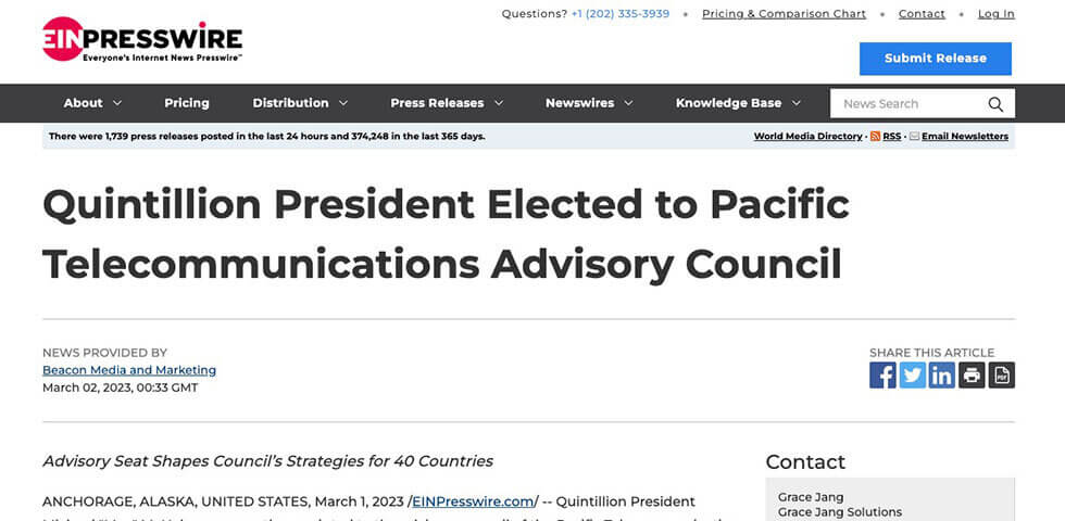 Quintillion President Elected to Pacific Telecommunications Advisory Council press release