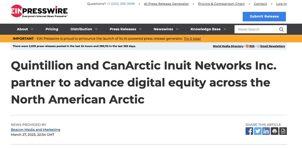 Quintillion and CanArctic Inuit Networks Inc. partner to advance digital equity across the North American Arctic Press Release