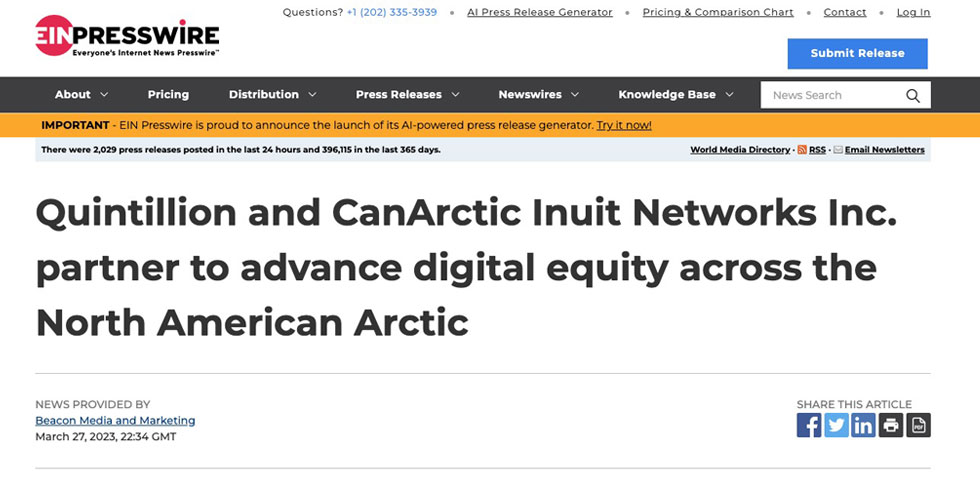 Quintillion and CanArctic Inuit Networks Inc. partner to advance digital equity across the North American Arctic Press Release
