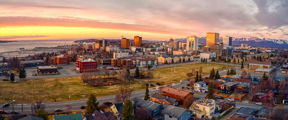 Aerial view over Anchorage, Alaska, home to Quintillion Global; alaska broadband company