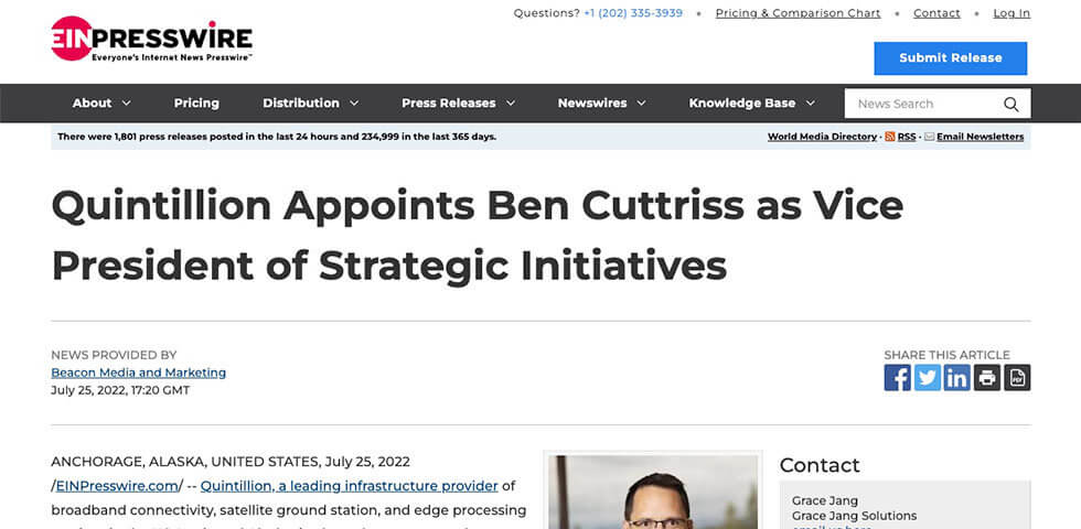 Quintillion Appoints Ben Cuttriss as Vice President of Strategic Initiatives press release screenshot