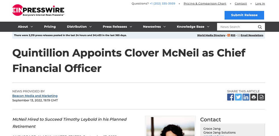 Quintillion Appoints Clover McNeil as Chief Financial Officer press release screenshot