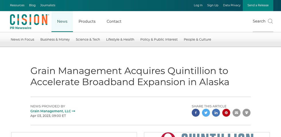 Grain Management Acquires Quintillion to Accelerate Broadband Expansion in Alaska Press Release screenshot