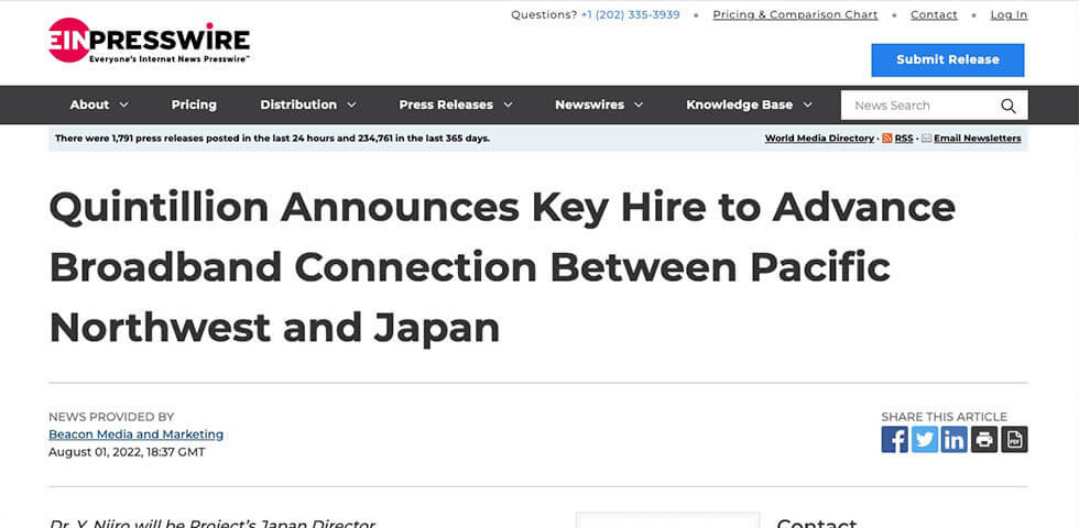 Quintillion Announces Key Hire to Advance Broadband Connection Between Pacific Northwest and Japan press release screenshot