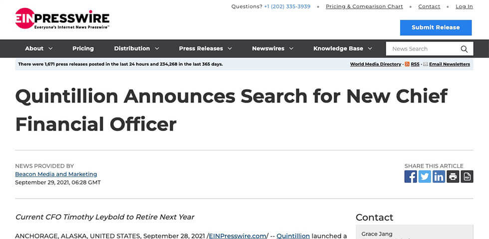 Quintillion Announces Search for New Chief Financial Officer press release screenshot