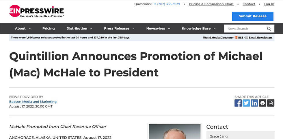 Quintillion Announces Promotion of Michael (Mac) McHale to President press release screenshot