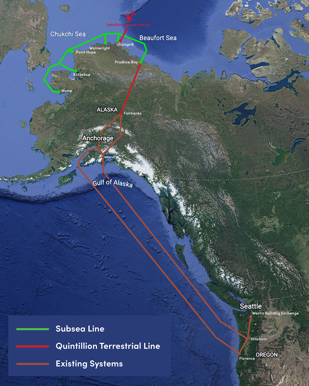 Quintillion Satellite Map of Subsea Line, Terrestrial Line, and existing systems