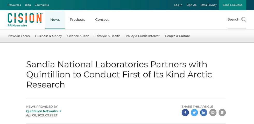 Sandia National Laboratories partners with Quintillion to conduct first of its kind Arctic research screenshot